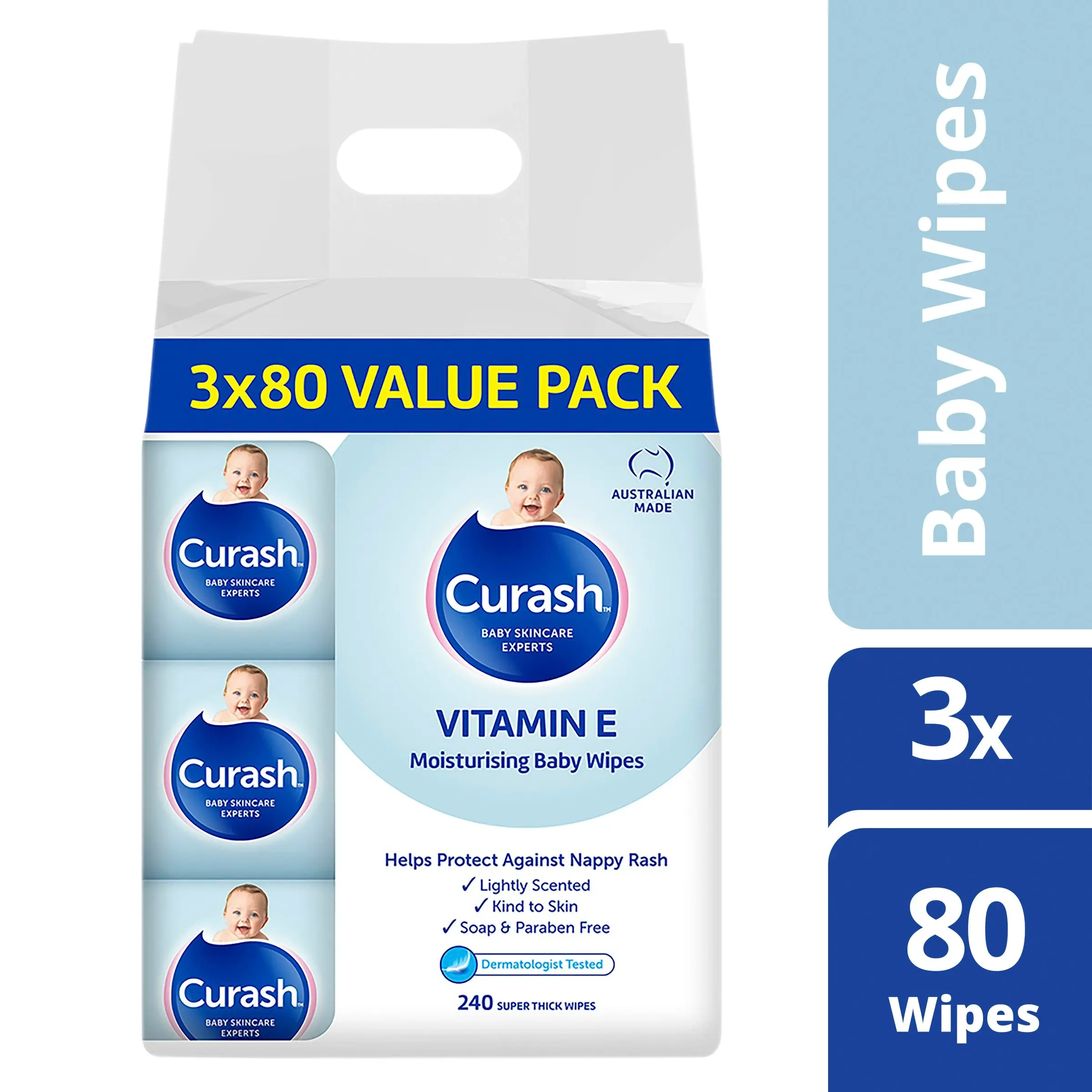 Curash Babycare Vitamin E Baby Wipes 3 x 80 Pack