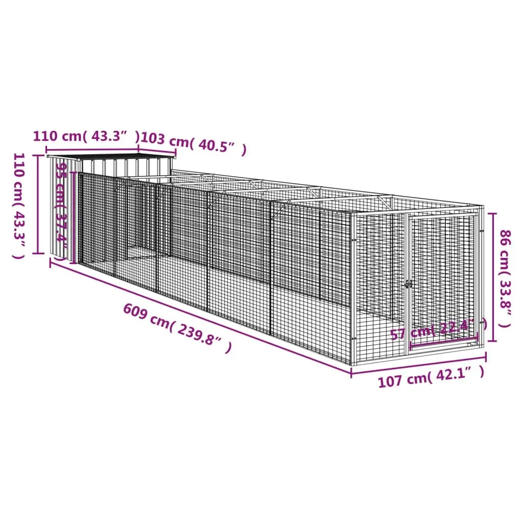 Dog House with Run Light Grey 110x609x110 cm Galvanised Steel 3189085