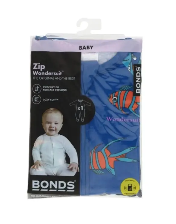 3 x Bonds Wondersuit Baby 2-Way Zip Coverall Floating Fish Blue