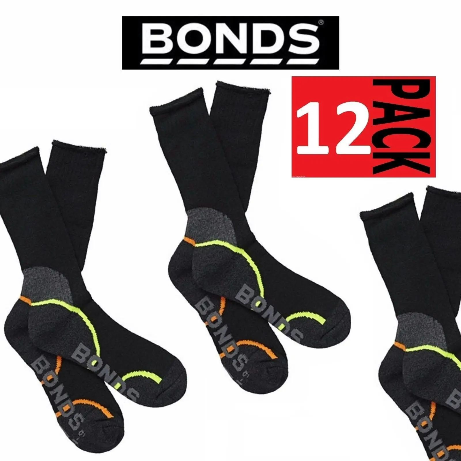 12 Pairs X Mens Bonds Acrylic Work Socks Ultimate Comfort Crew Black