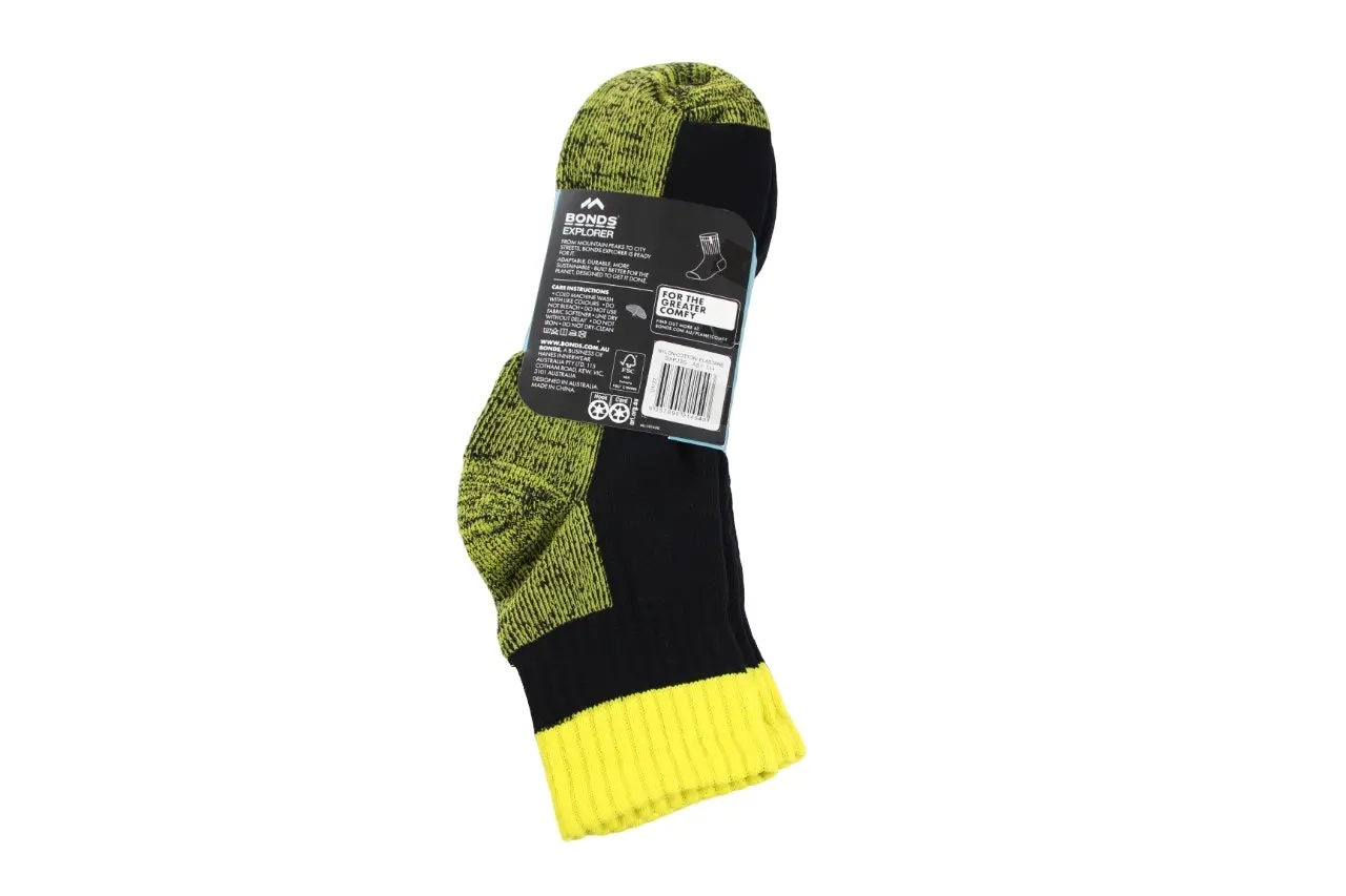 12 X Mens Bonds Explorer Tough Work Quarter Crew Cotton Socks - Black/Yellow