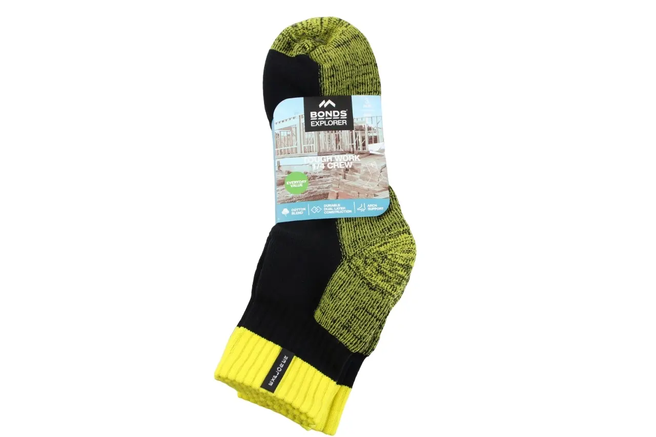 9 x Mens Bonds Explorer Tough Work Quarter Crew Cotton Socks - Black/Yellow