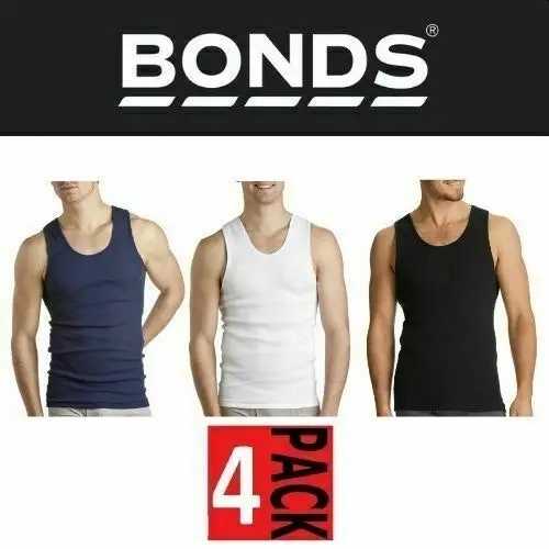 4 x Bonds Chesty Singlets White Navy Undershirt Chestys Mens Sizes Singlet Warm