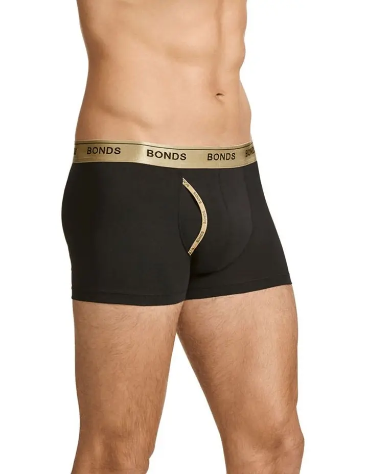 3 x Bonds Microfibre Guyfront Trunk Mens Underwear Trunks Black With Gold