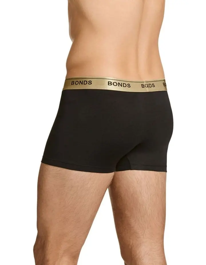 3 x Bonds Microfibre Guyfront Trunk Mens Underwear Trunks Black With Gold