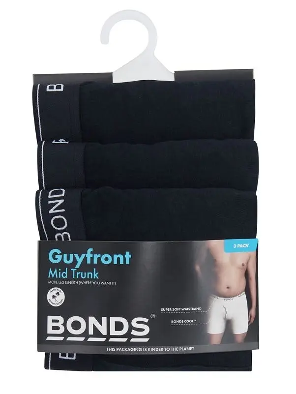 12 X Bonds Mens Guyfront Mid Trunk Underwear - Black