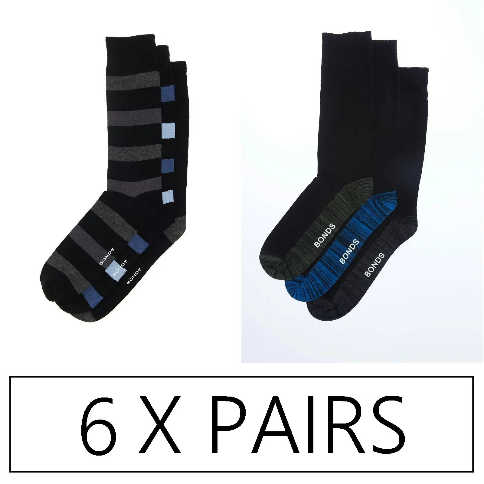 6 x Pairs Bonds Business Crew Socks - Logo Work Black Socks Long