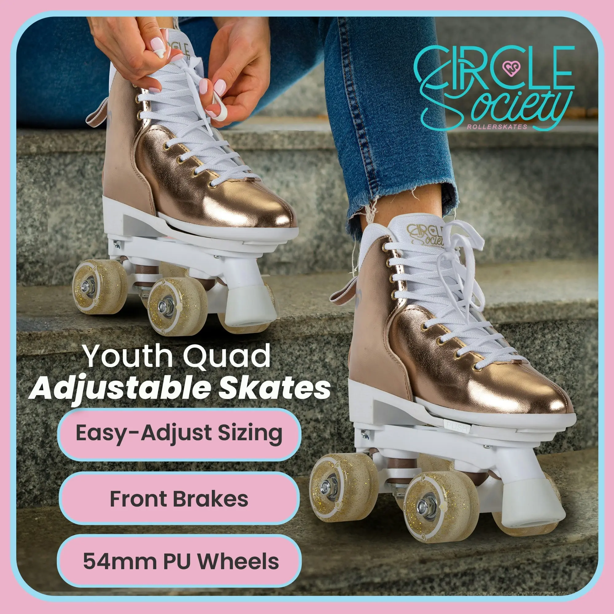 Circle Society Adjustable Quad Kids Roller Skates - Metallic Rose Gold