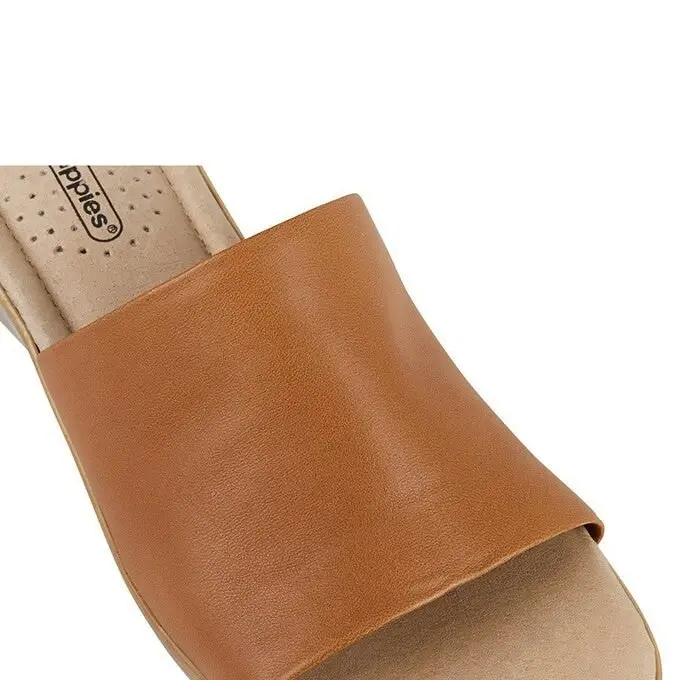 Womens Hush Puppies Coco Slip On Leather Tan Wedges Sandals