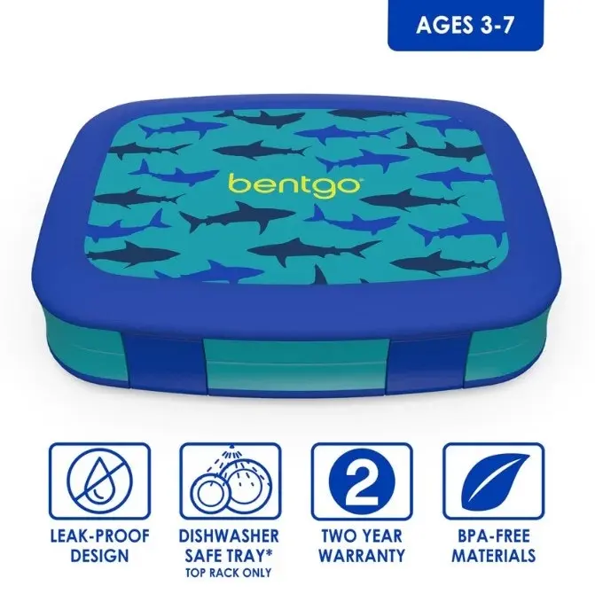 3 x Bentgo Kids Prints Lunch Box Container Storage Shark (Blue/Teal)