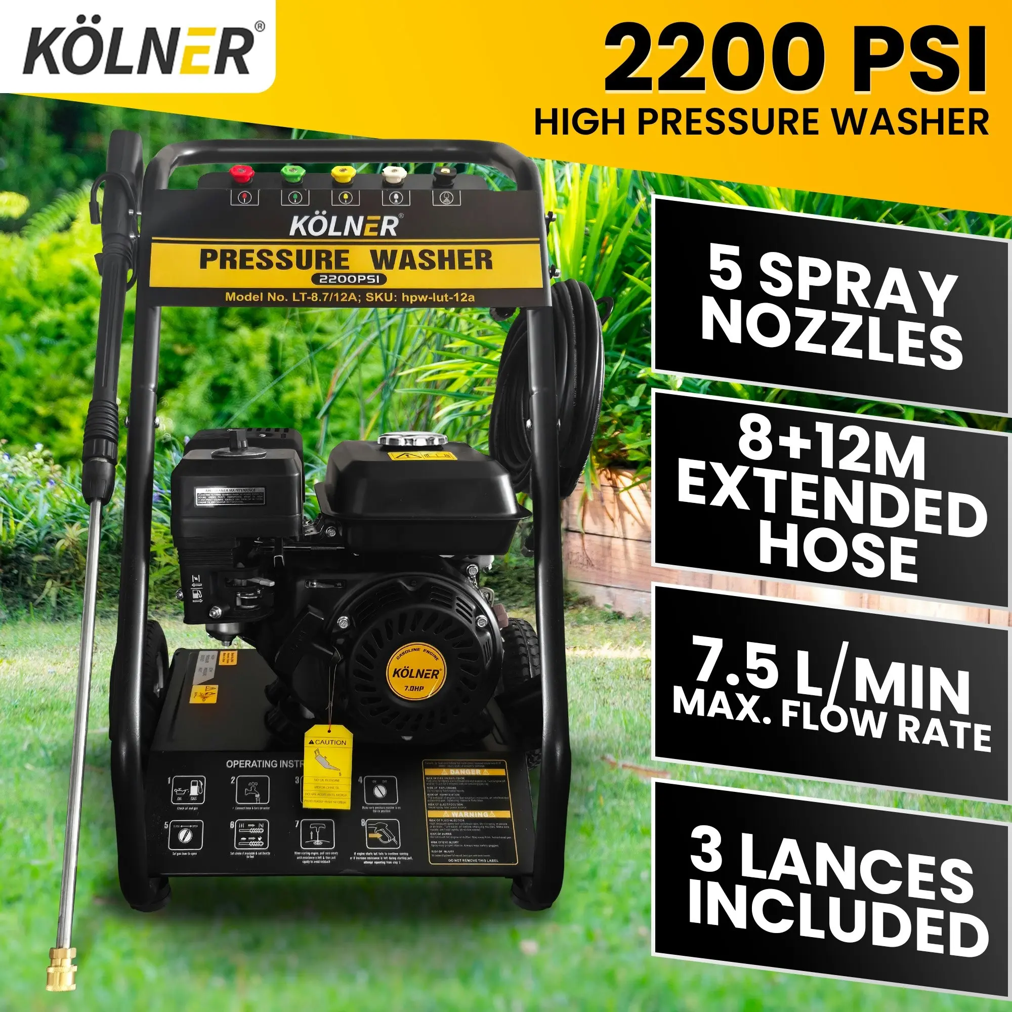 Kolner LT-12A 7HP 2200PSI Petrol Engine High Pressure Washer 7.5LPM