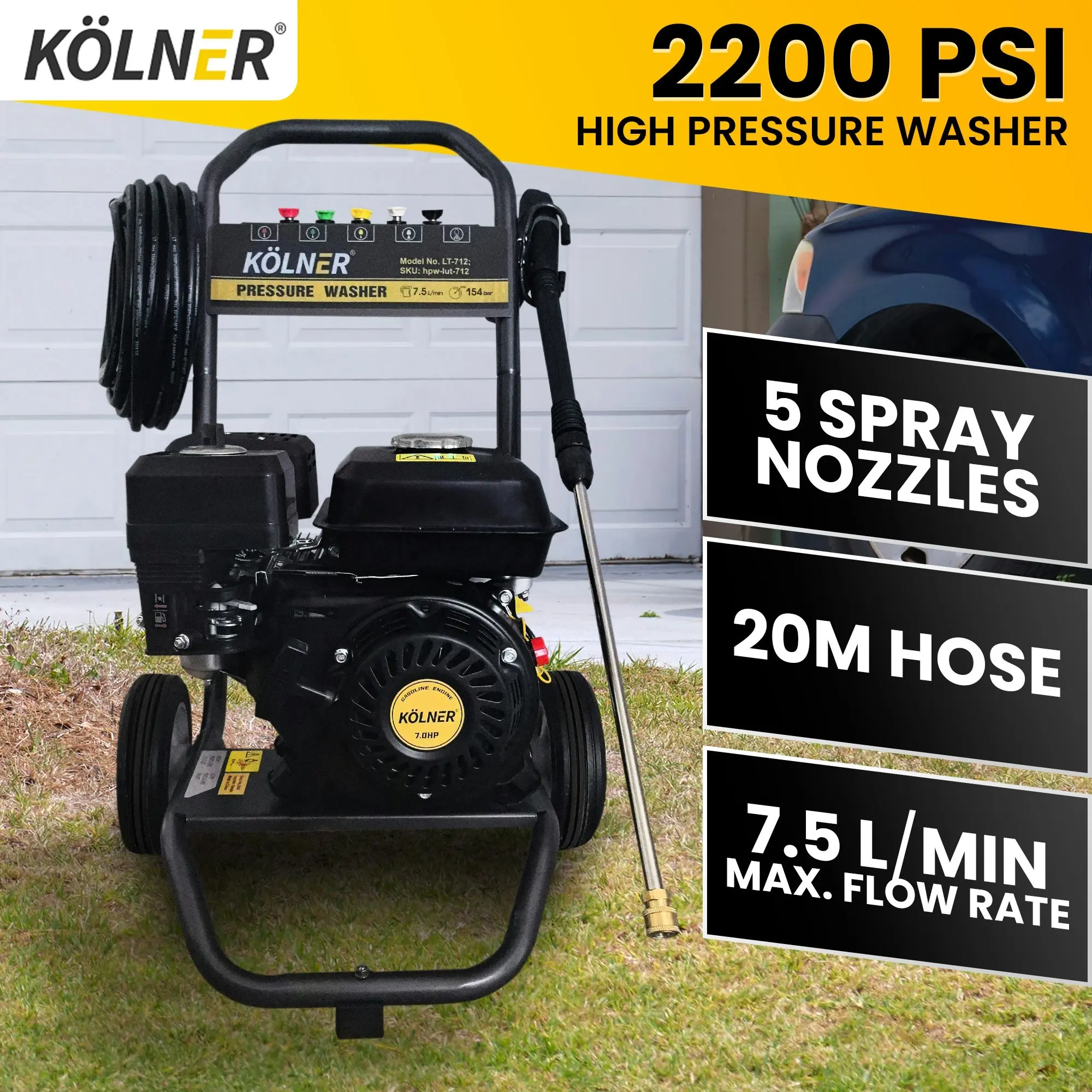 Kolner LT-712 7HP 2200PSI Petrol Engine High Pressure Washer 7.5LPM