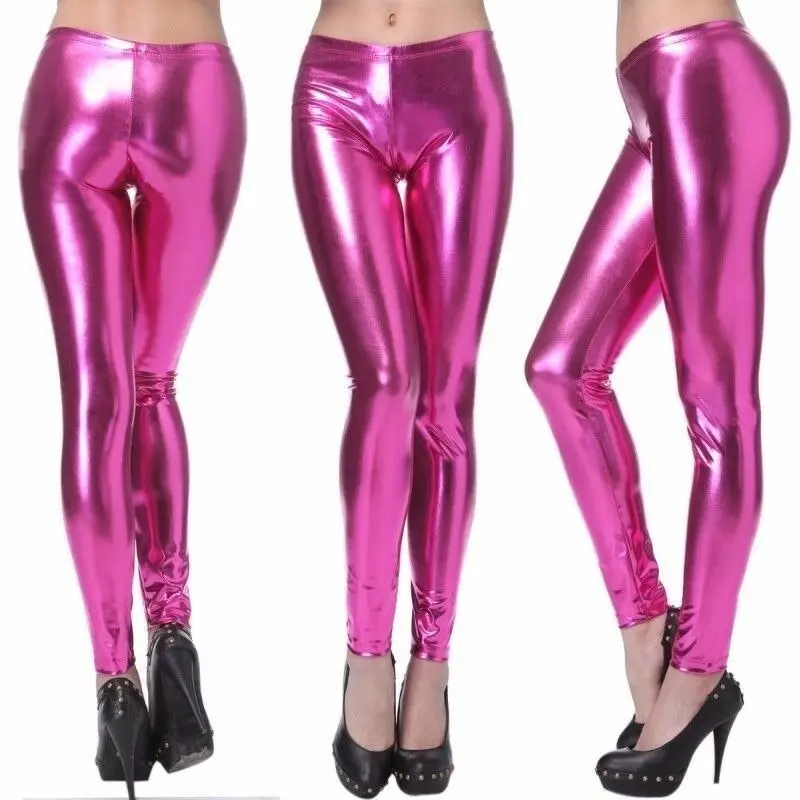 Shiny Metallic Leggings Womens Pants Ladies Gold Silver Black Blue