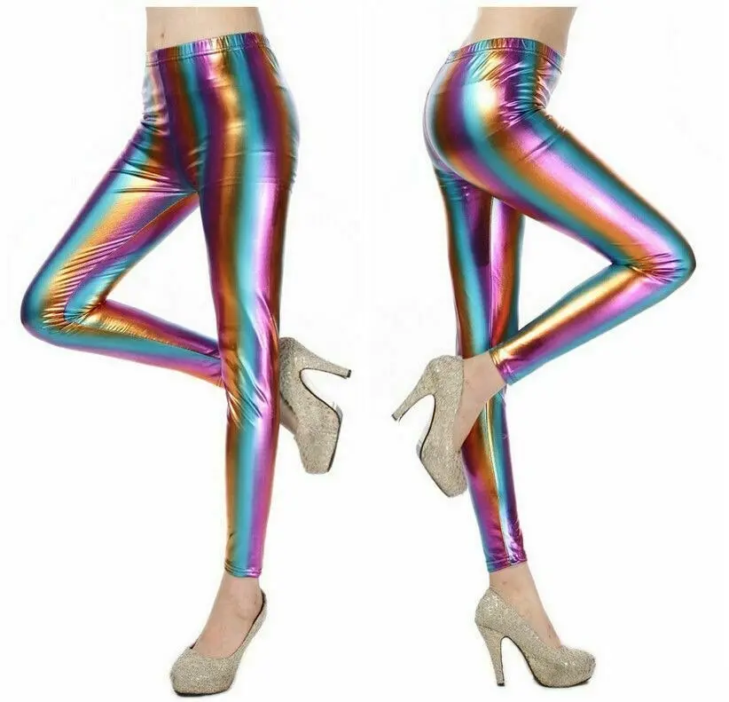 Shiny Metallic Leggings Womens Pants Ladies Gold Silver Black Blue