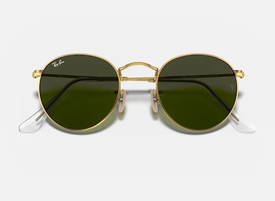 Unisex Ray Ban Sunglasses Rb3447 Round Metal Polished Gold/ Green Sunnies - Xs