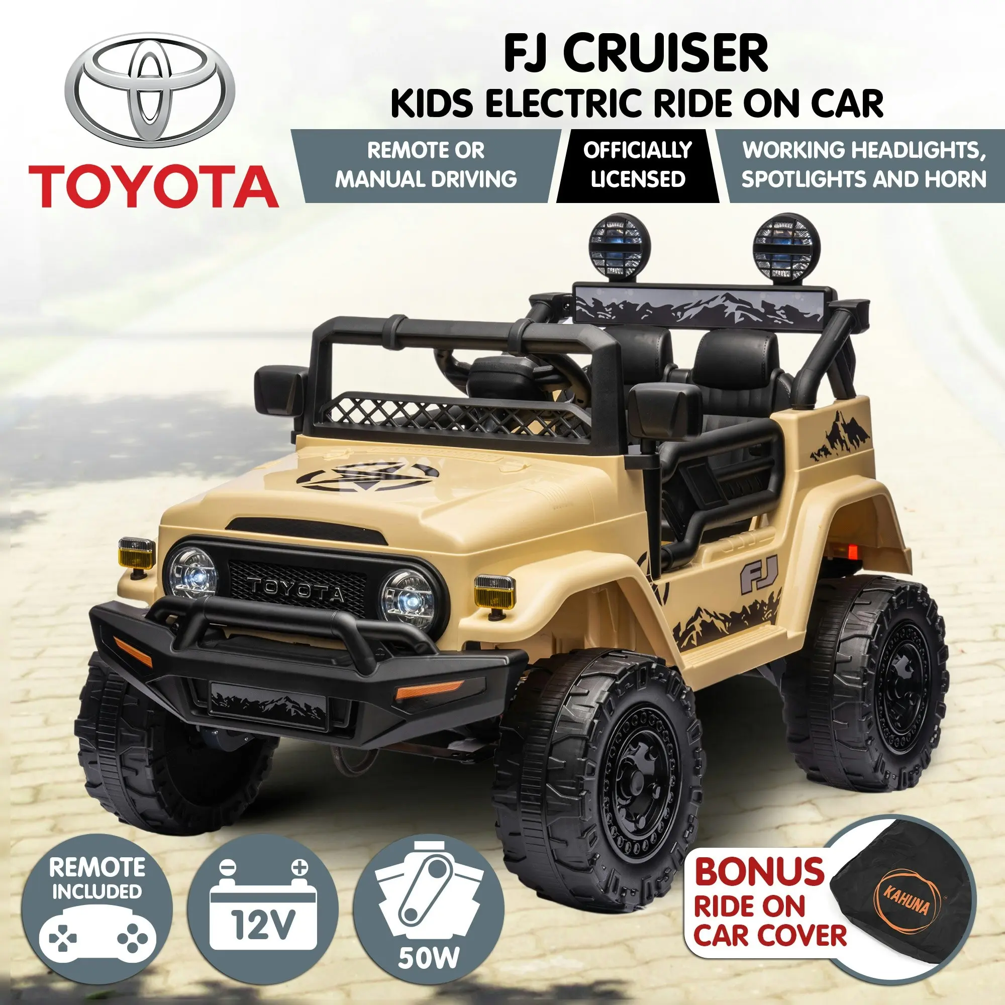 Authorised Toyota FJ Cruiser Kids Electric Ride On Car - Khaki