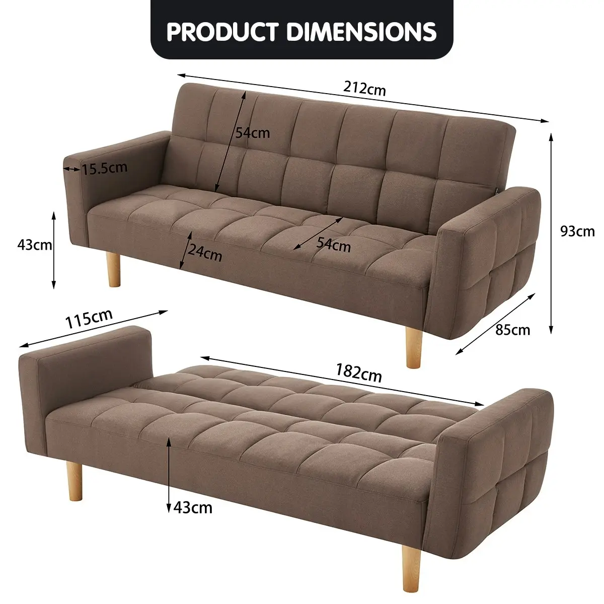 Sarantino 3-Seater Fabric Sofa Bed Futon - Brown