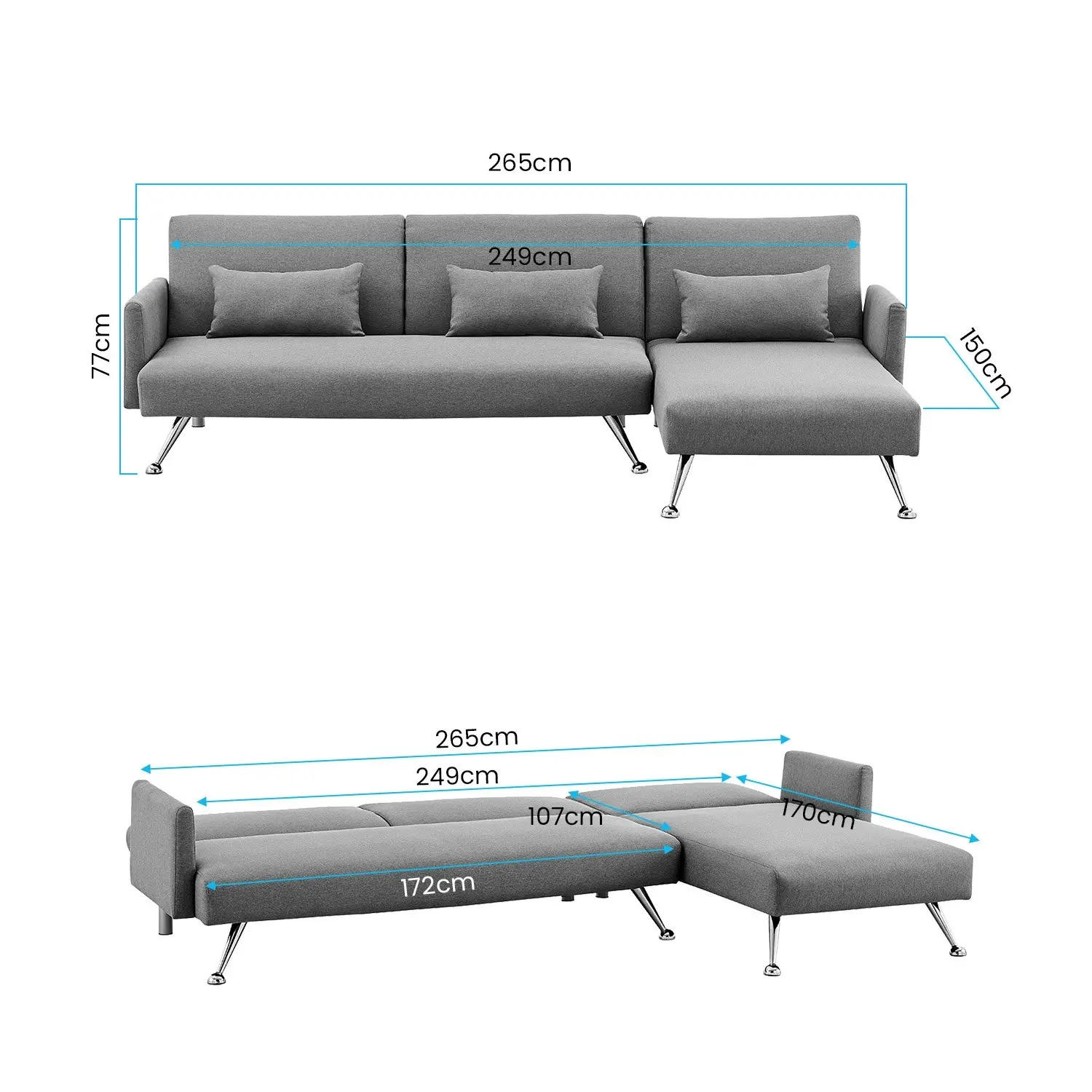 Mia 3-Seater Corner Sofa Bed Chaise and Pillows by Sarantino Dark Grey