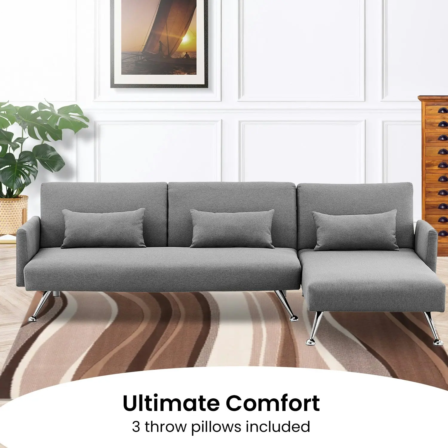 Mia 3-Seater Corner Sofa Bed Chaise and Pillows by Sarantino Dark Grey