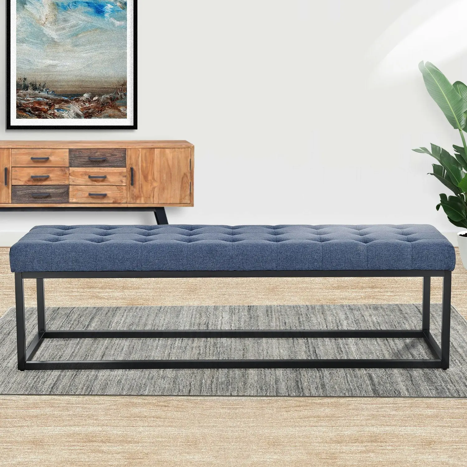 Cameron Button-Tufted Upholstered Bench with Metal Legs - Blue