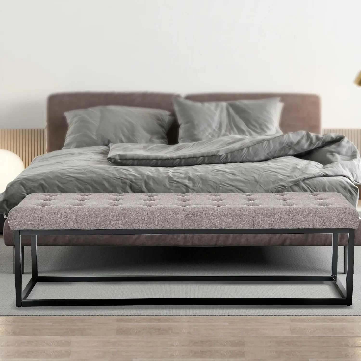 Cameron Button-Tufted Upholstered Bench with Metal Legs - Light Grey