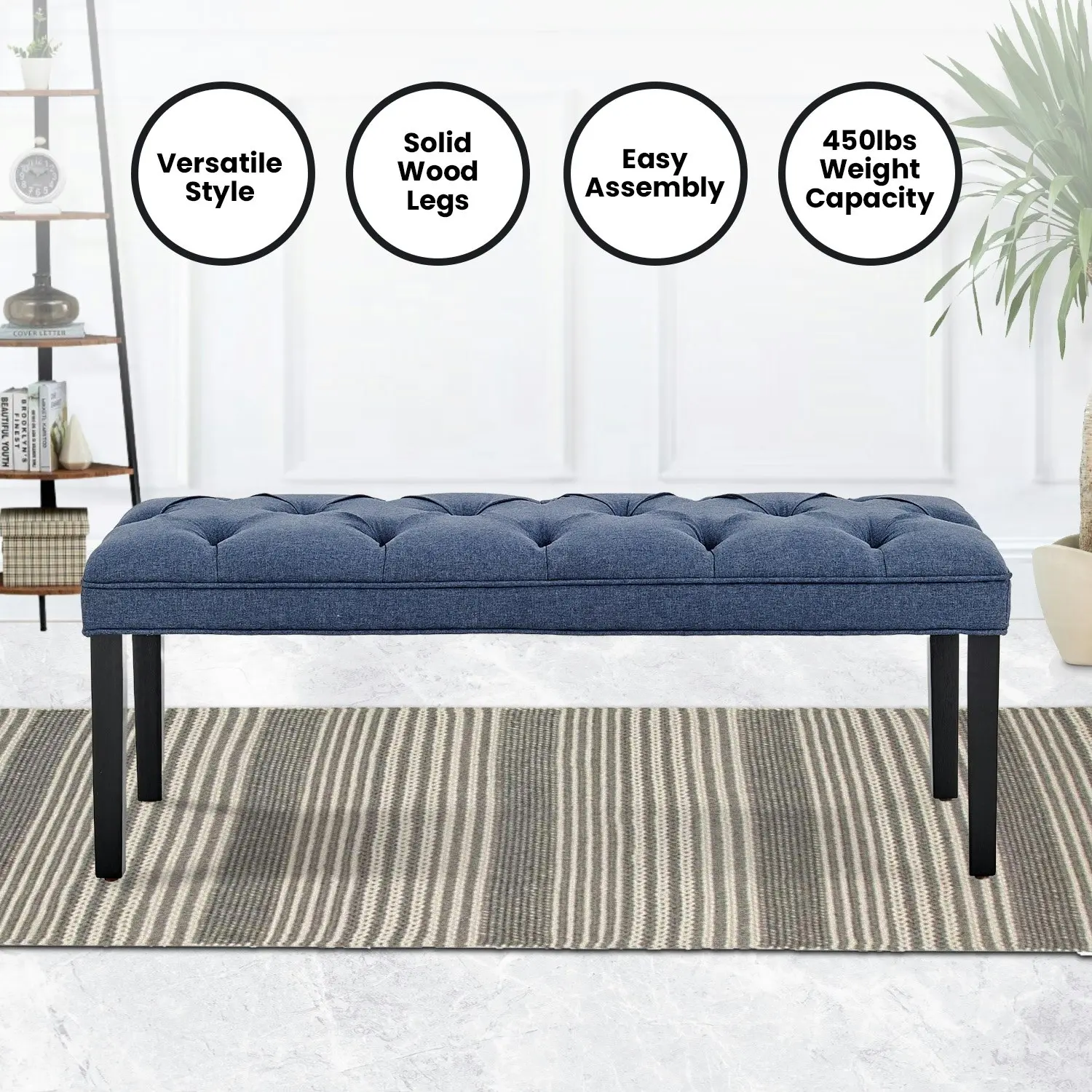 Cate Button-Tufted Upholstered Bench by Sarantino - Blue Linen