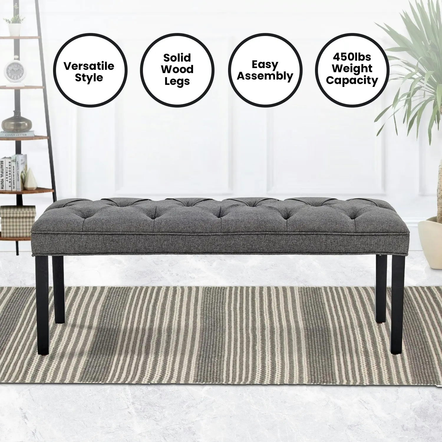 Cate Button-Tufted Upholstered Bench by Sarantino - Dark Grey