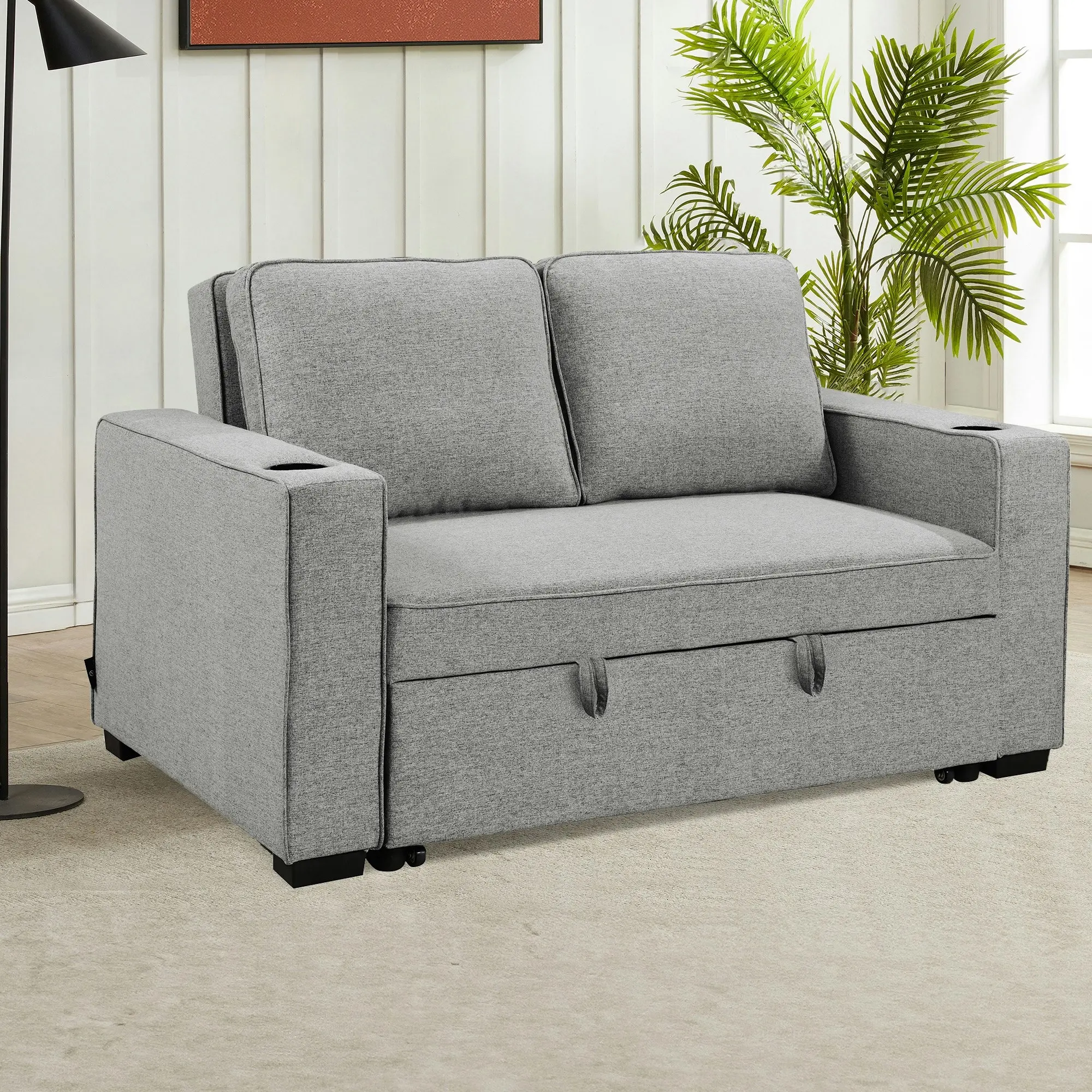 Sarantino Hoffman Linen Sofa Bed with Cushions & Cup Holders Light Grey