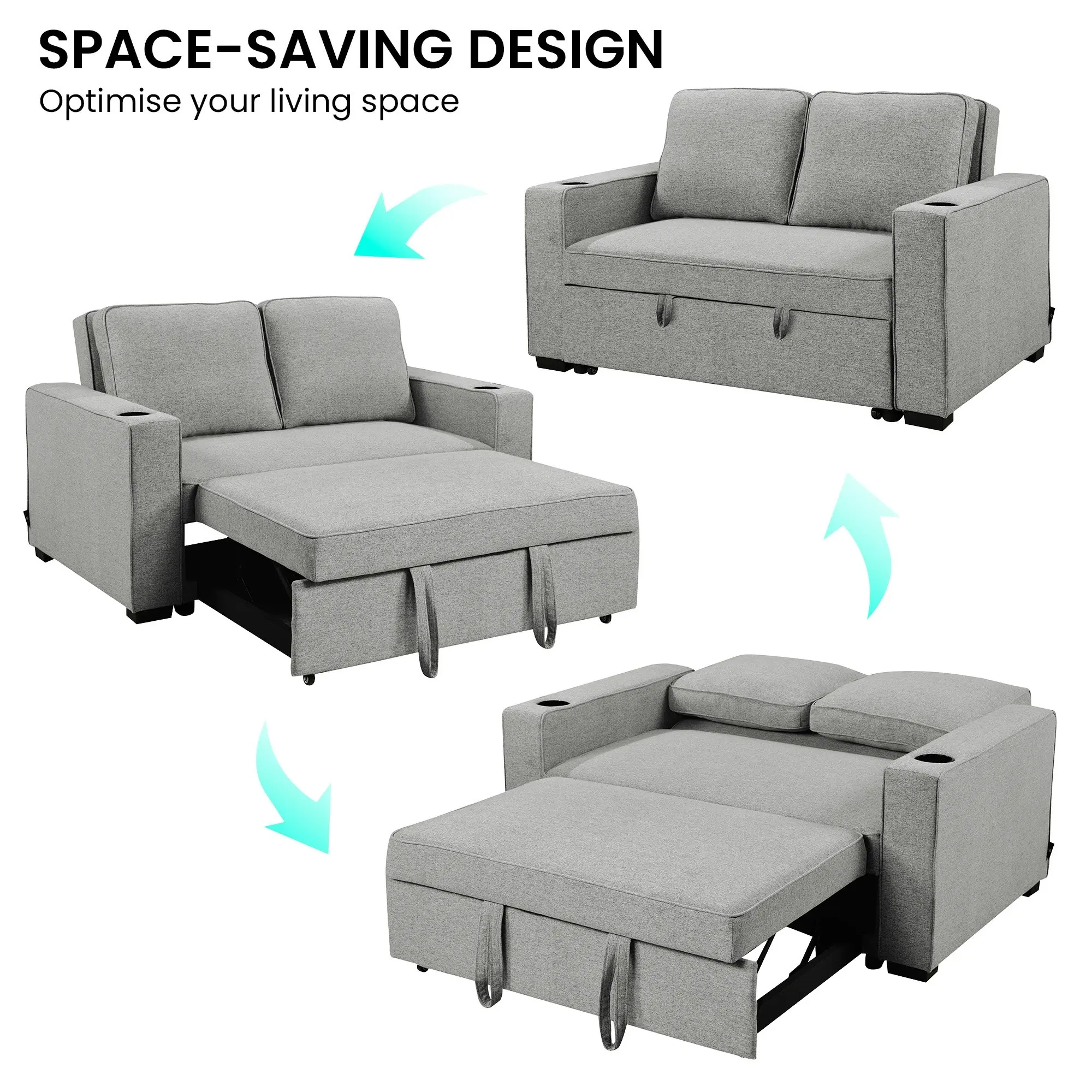 Sarantino Hoffman Linen Sofa Bed with Cushions & Cup Holders Light Grey