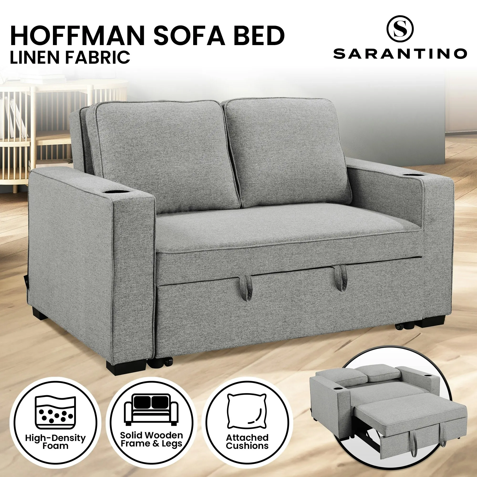 Sarantino Hoffman Linen Sofa Bed with Cushions & Cup Holders Light Grey