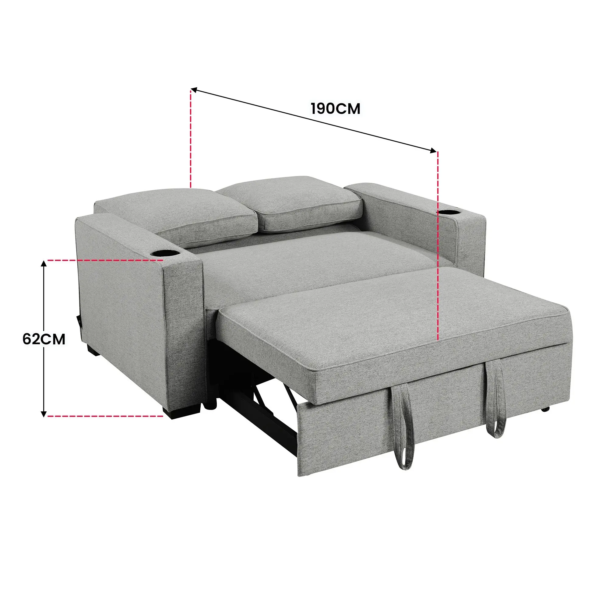 Sarantino Hoffman Linen Sofa Bed with Cushions & Cup Holders Light Grey