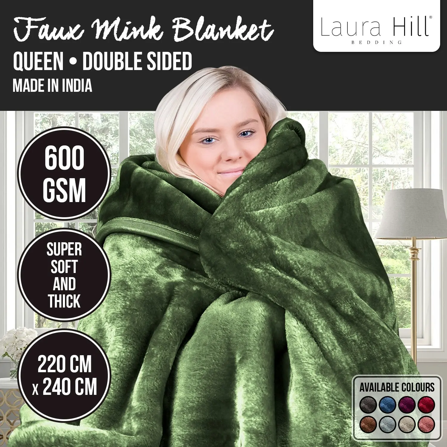 Laura Hill 600GSM Faux Mink Blanket Double-Sided Queen Size Soft Plush Bed Throw Rug 220 X 240cm - Green