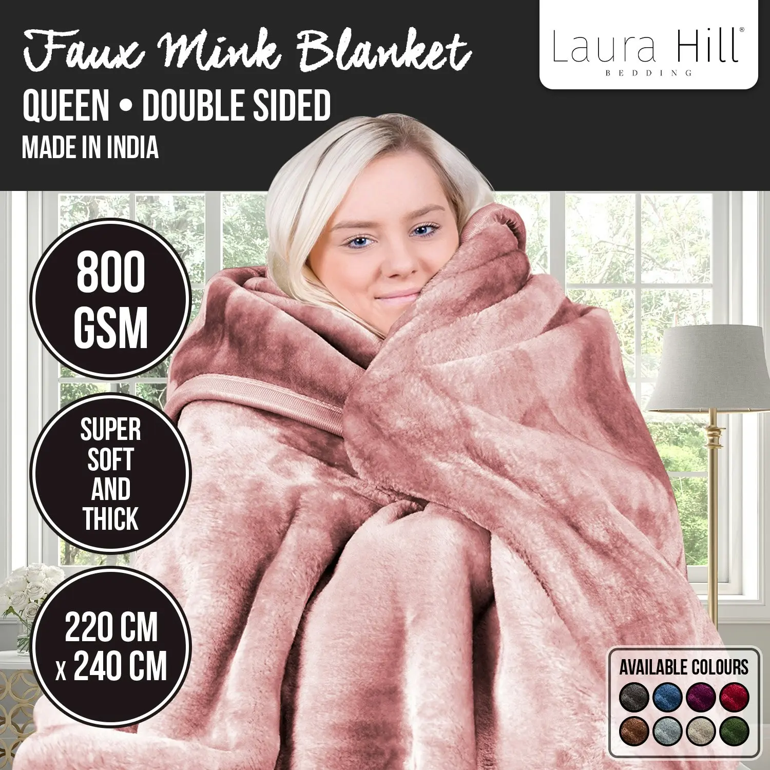 Laura Hill 800GSM Heavy Double-Sided Queen Faux Mink Blanket - Pink