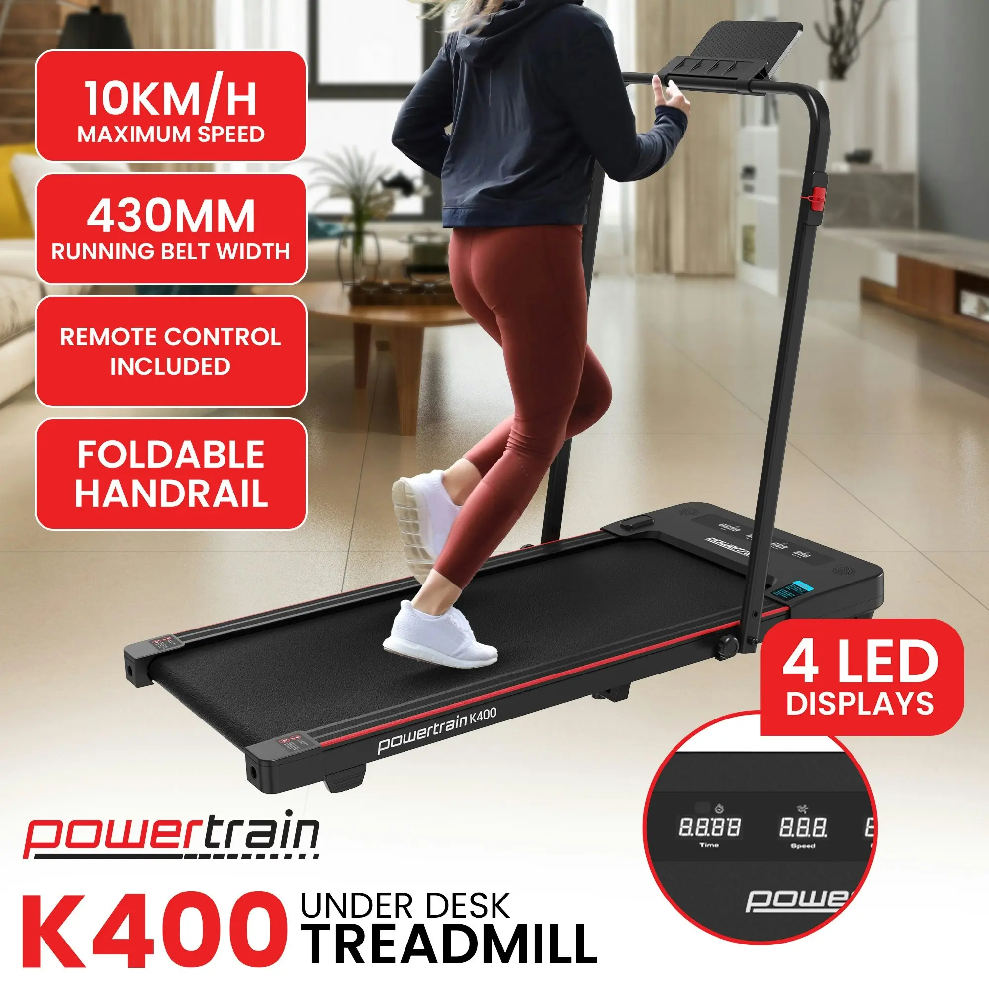 Powertrain K400 Electric Under Desk Treadmill Walking Pad Foldable Handrail