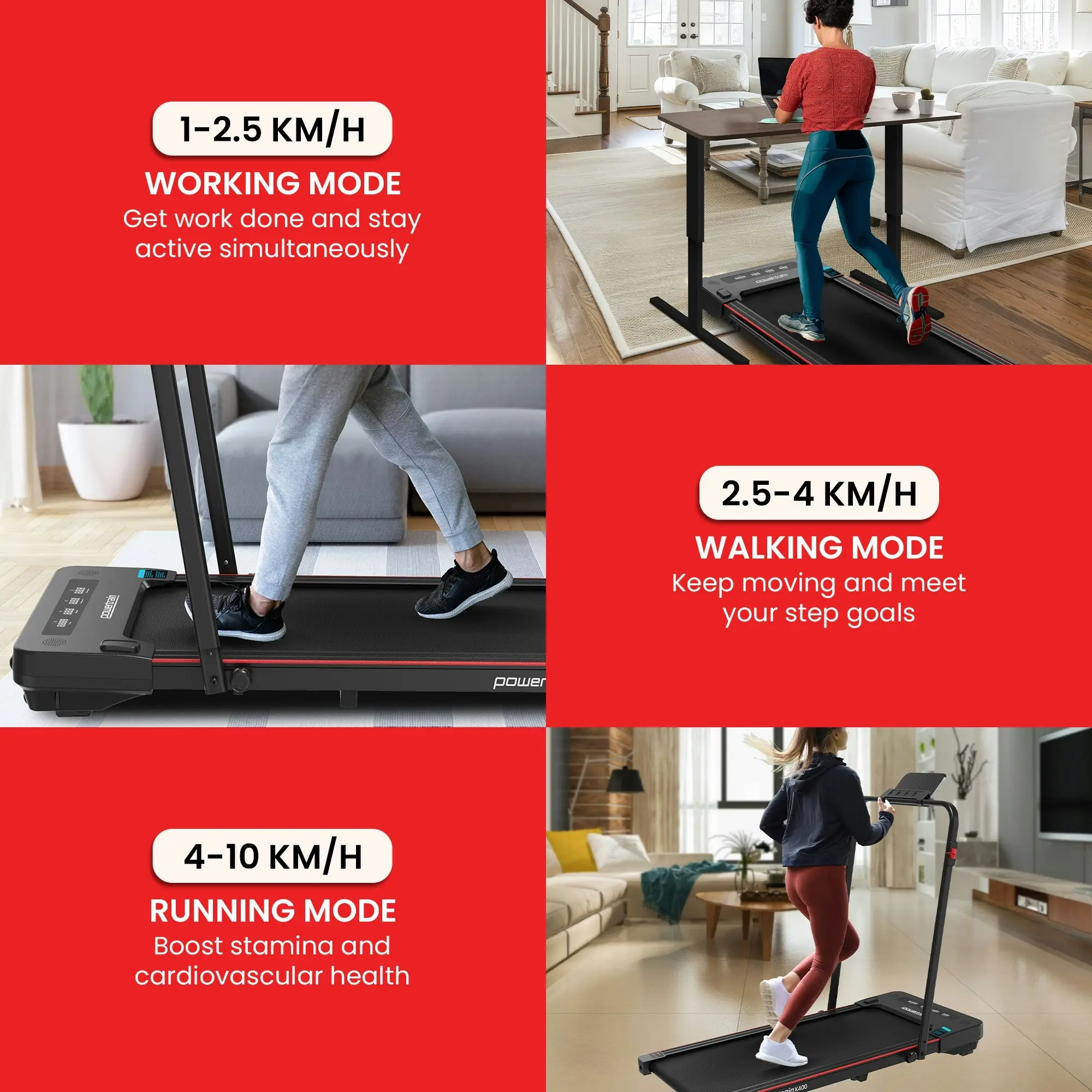 Powertrain K400 Electric Under Desk Treadmill Walking Pad Foldable Handrail