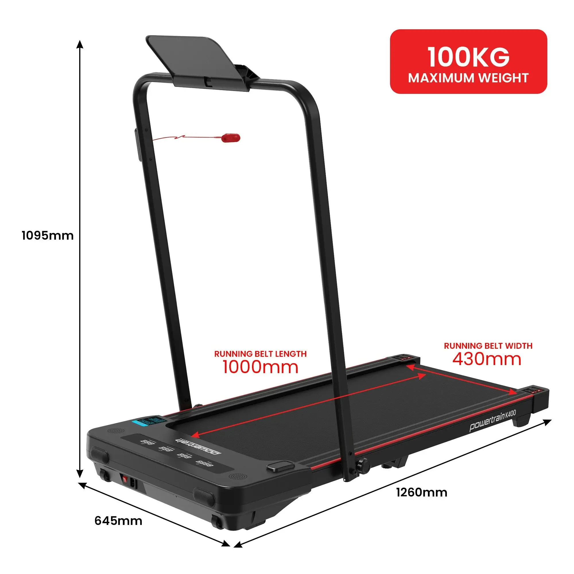 Powertrain K400 Electric Under Desk Treadmill Walking Pad Foldable Handrail