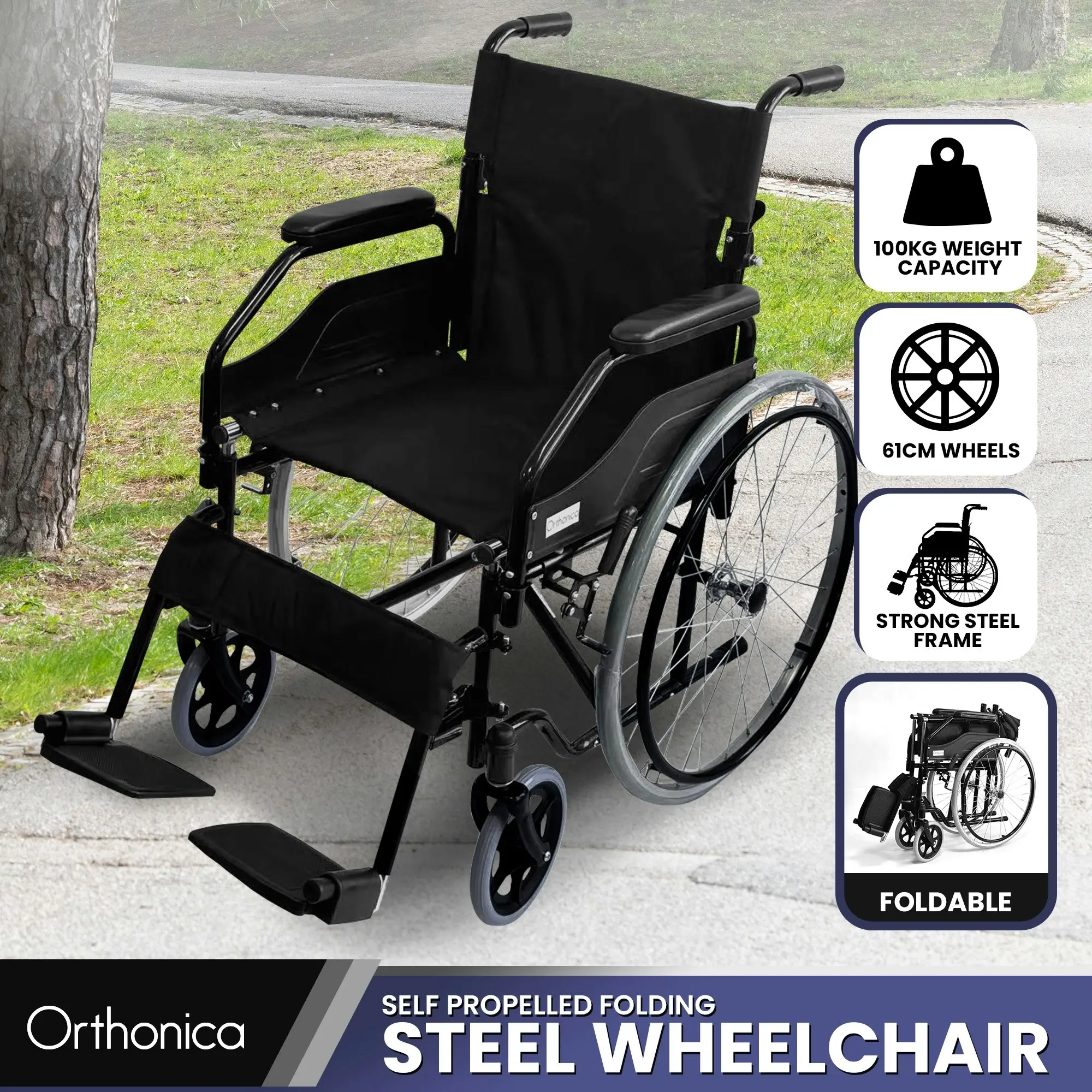 Orthonica Self Propelled Wheelchair in Black Foldable Lightweight Disability Aid Portable Heavy-Duty 24-inch Compact Wheel Chair Steel Frame