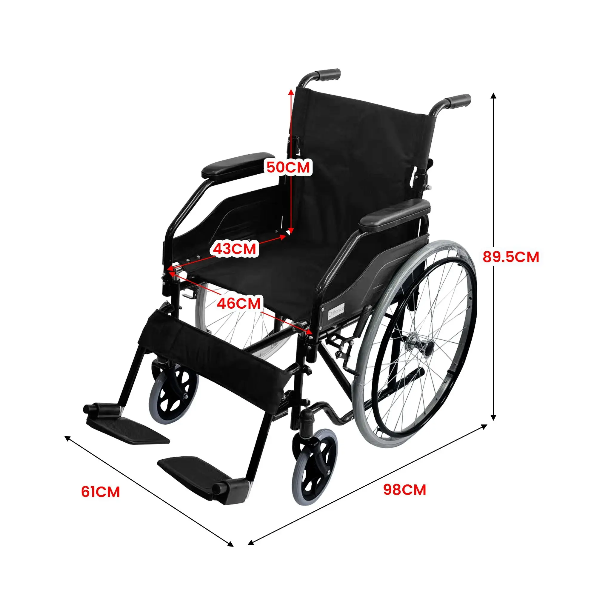 Orthonica Self Propelled Wheelchair in Black Foldable Lightweight Disability Aid Portable Heavy-Duty 24-inch Compact Wheel Chair Steel Frame