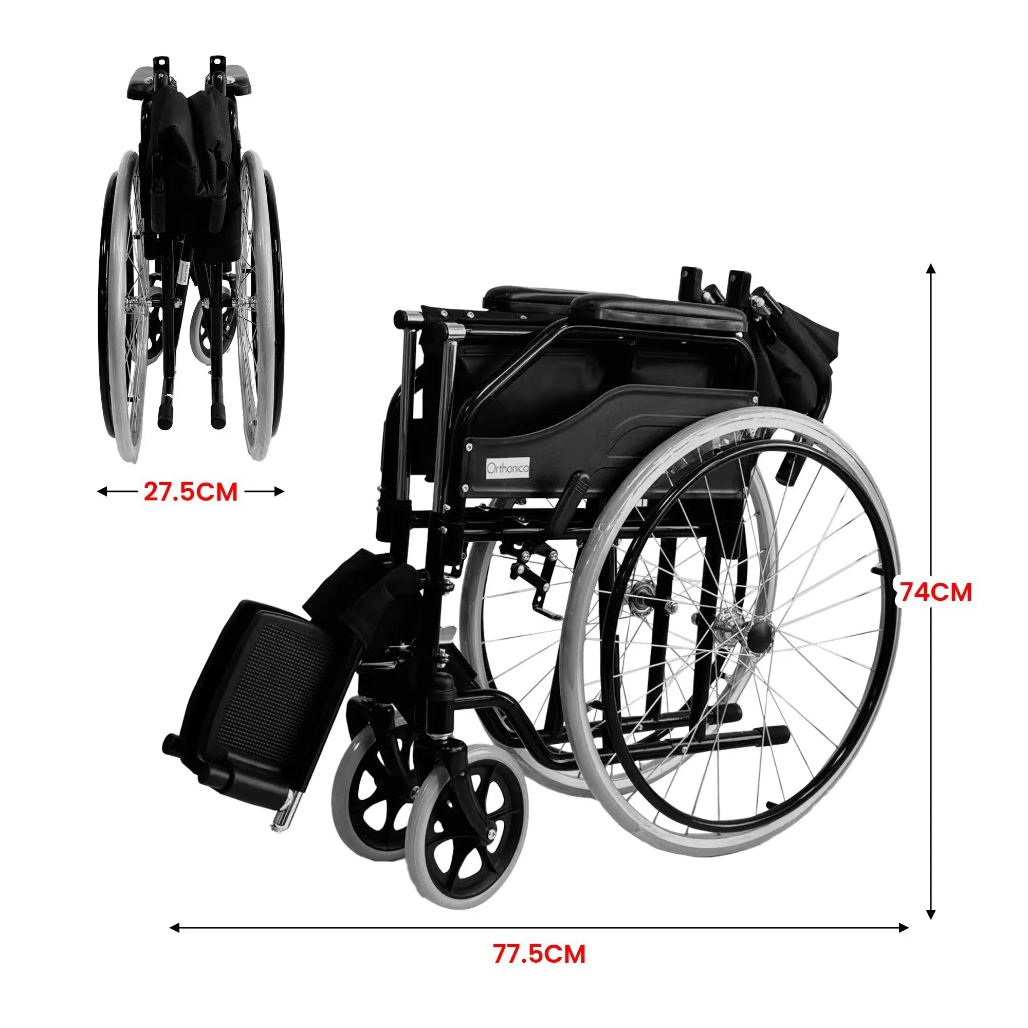 Orthonica Self Propelled Wheelchair in Black Foldable Lightweight Disability Aid Portable Heavy-Duty 24-inch Compact Wheel Chair Steel Frame