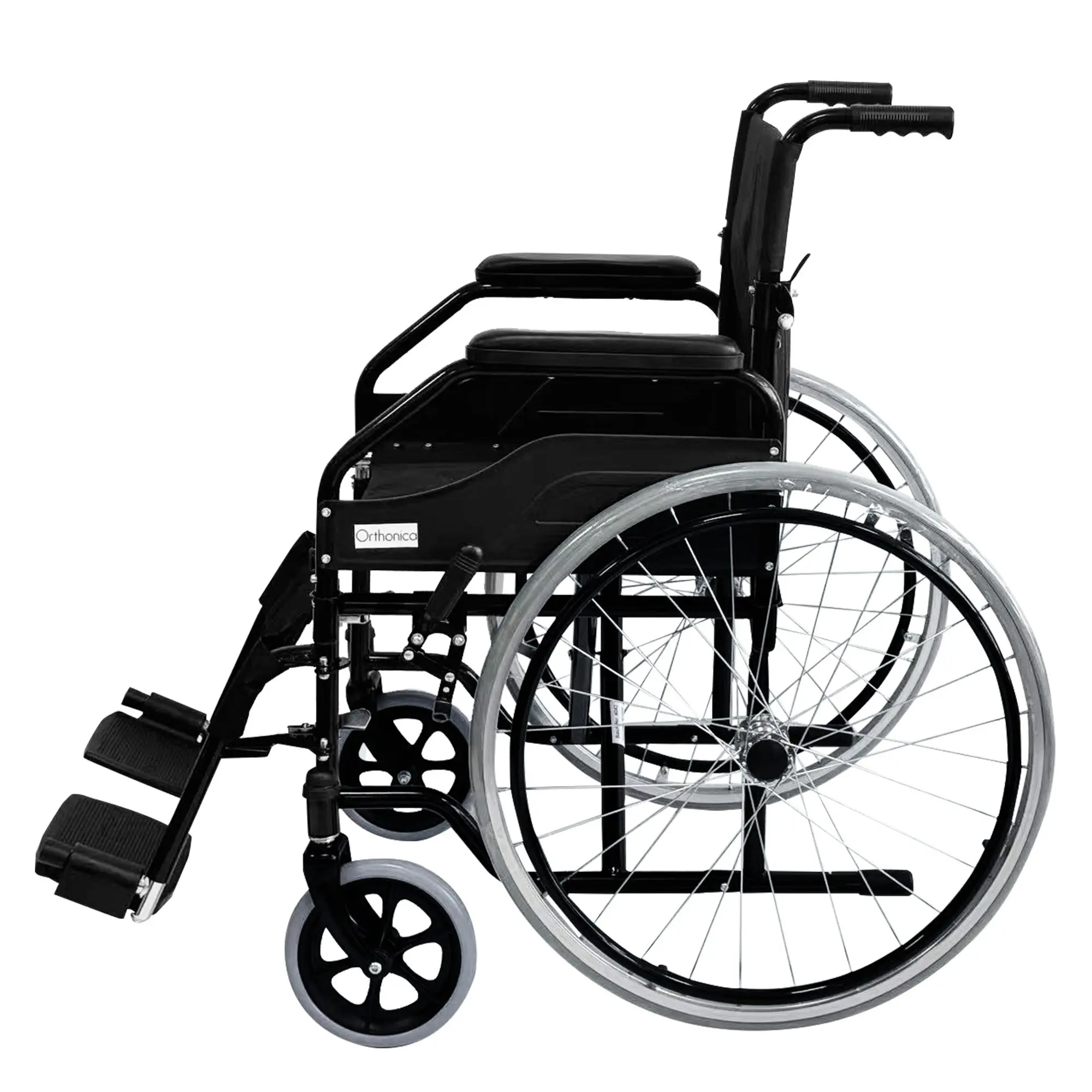 Orthonica Self Propelled Wheelchair in Black Foldable Lightweight Disability Aid Portable Heavy-Duty 24-inch Compact Wheel Chair Steel Frame