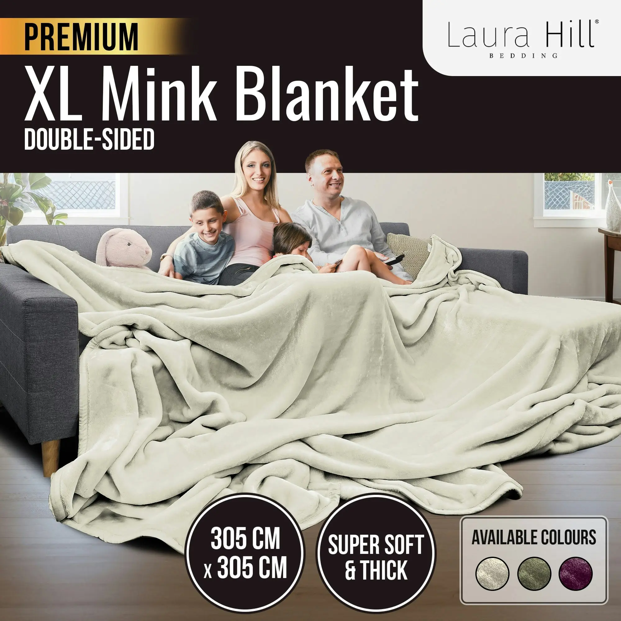 Laura Hill XL Double-Sided Oversized Faux Mink Blanket 305x305cm Beige