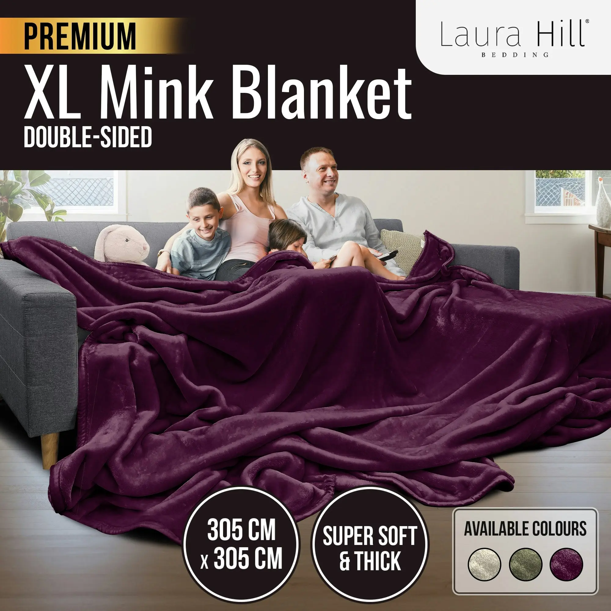 Laura Hill XL Double-Sided Oversized Faux Mink Blanket 305x305cm Purple