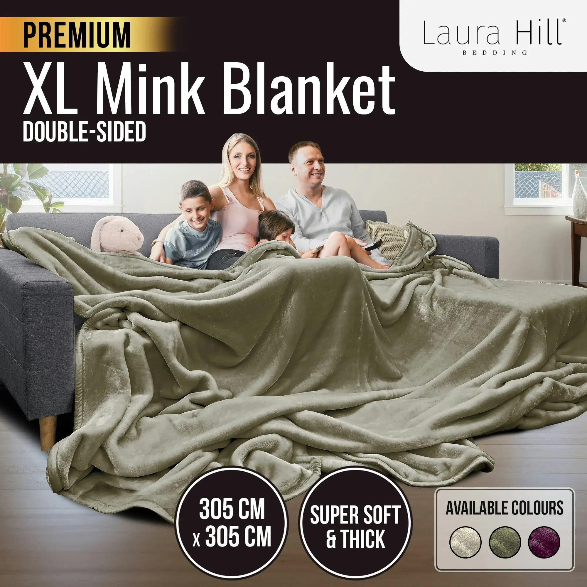 Laura Hill XL Double-Sided Oversized Faux Mink Blanket 305x305cm Olive