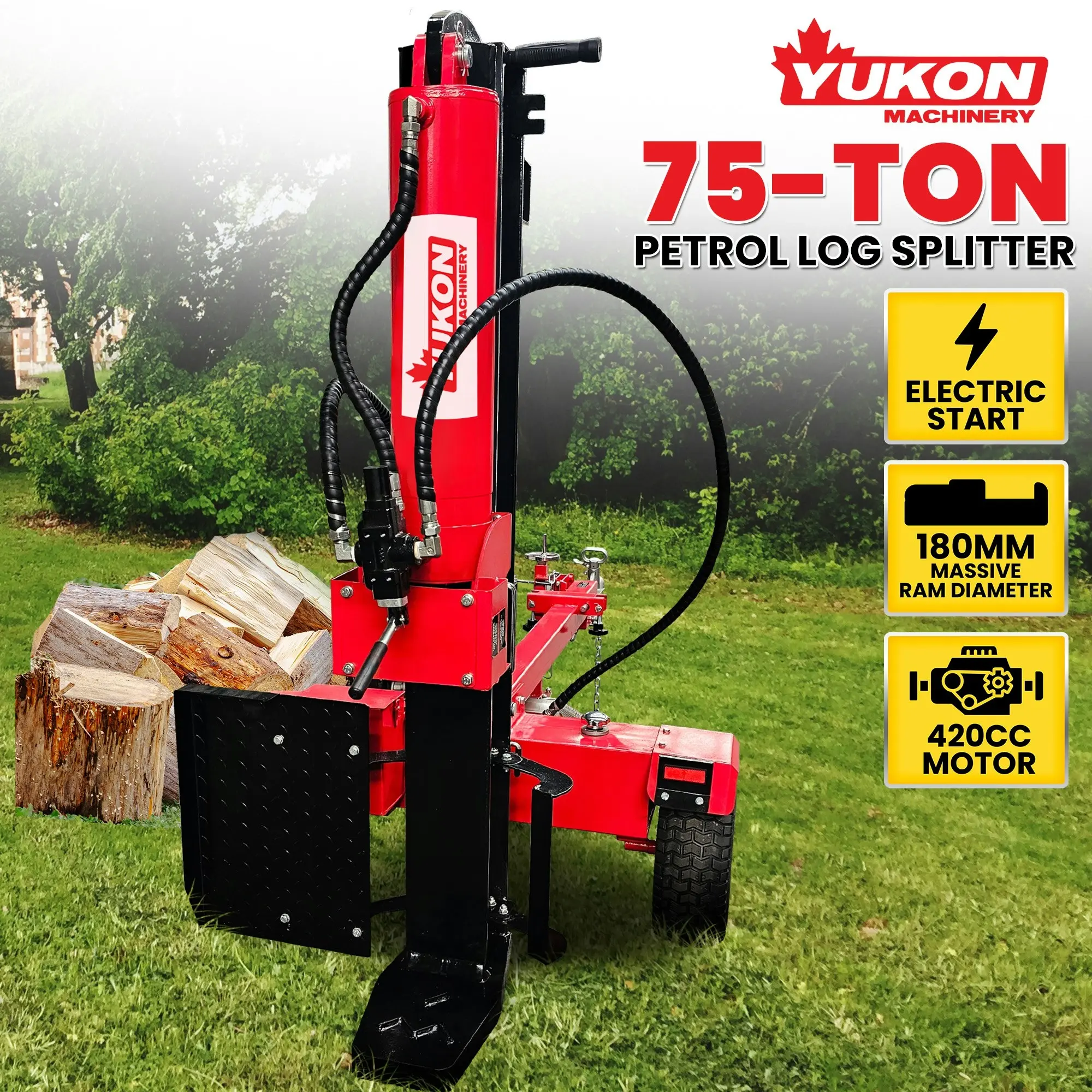 Yukon 75 Ton Petrol Hydraulic Horizontal and Vertical Log Splitter Electric Start