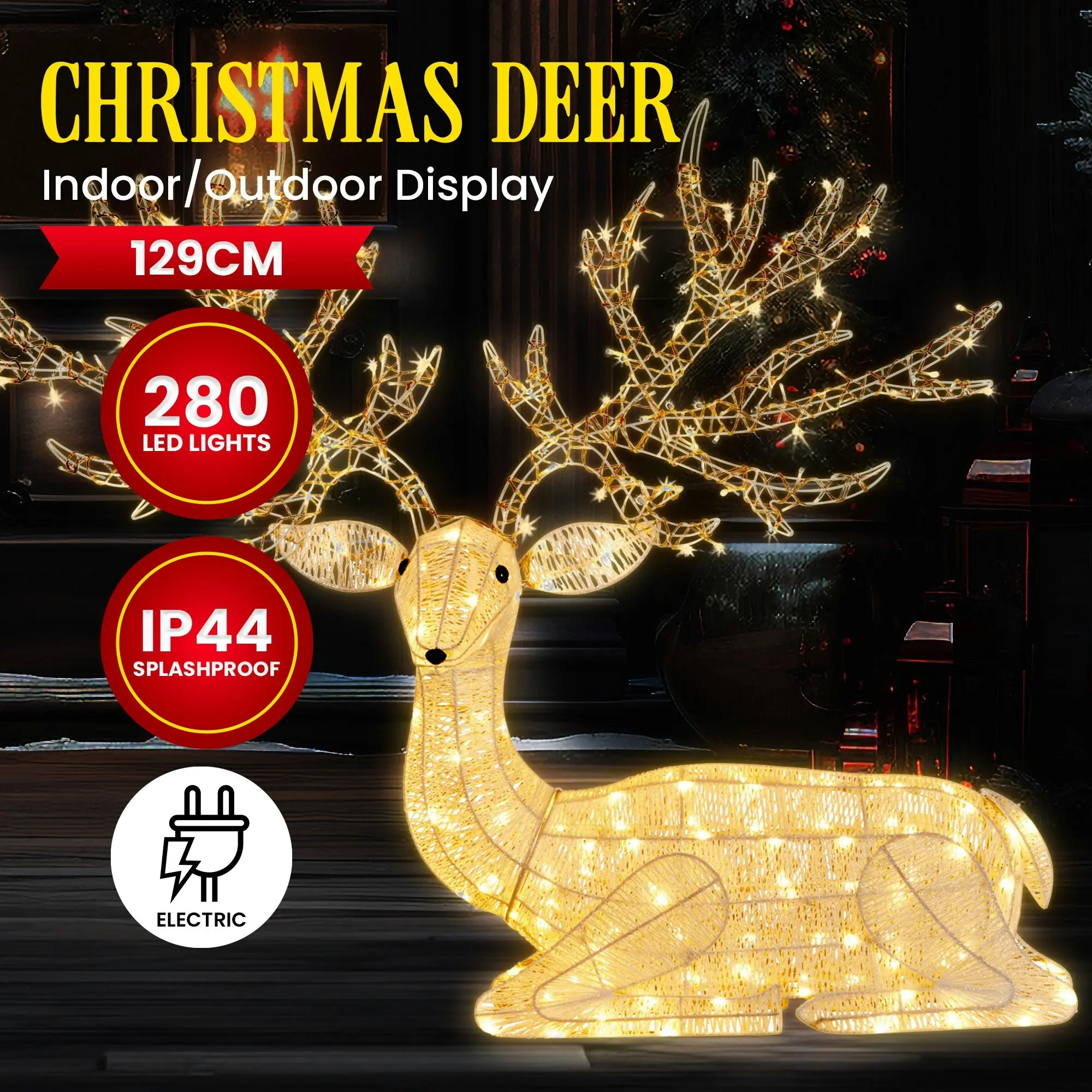 129cm Festive Indoor/Outdoor Reindeer Christmas Display 280 Warm White LED Light