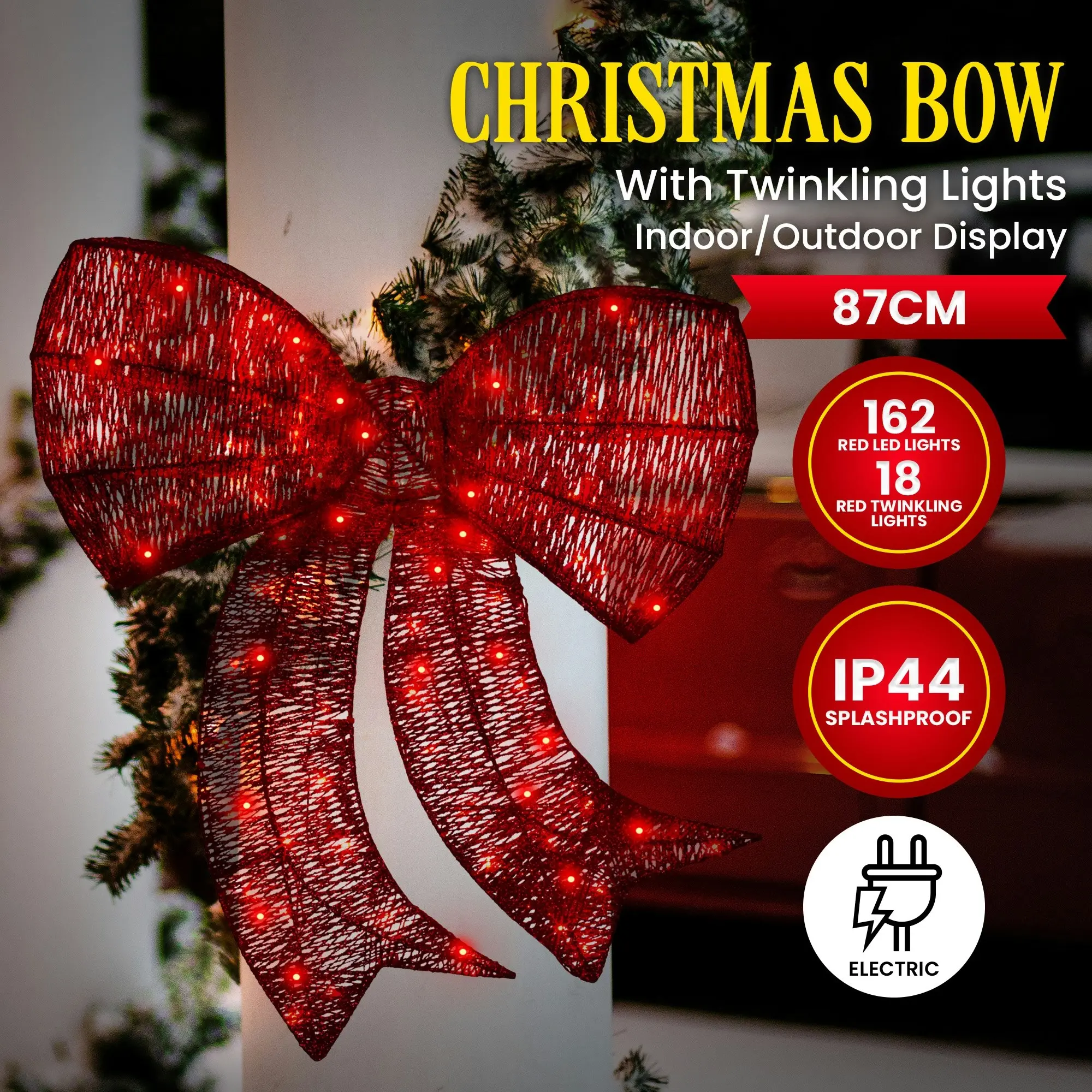 87cm Festive Christmas Display Big Wired Bow with LED and Twinkle Lights 5 Functions