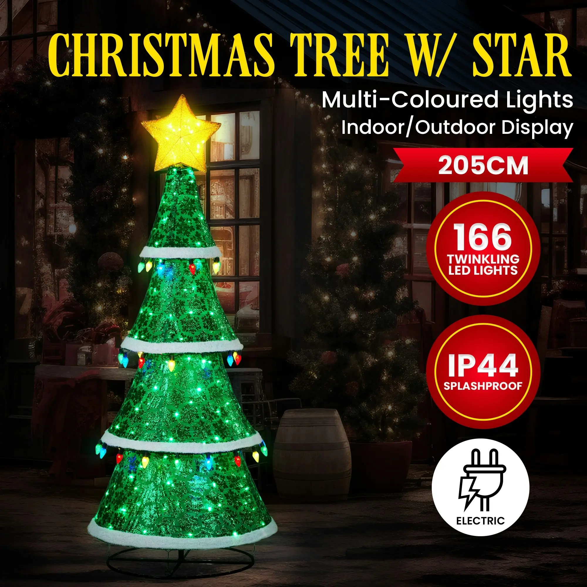 205cm Indoor/Outdoor Festive Tiered Light-Up Christmas Tree 66 Green LED Lights Colour Bulbs