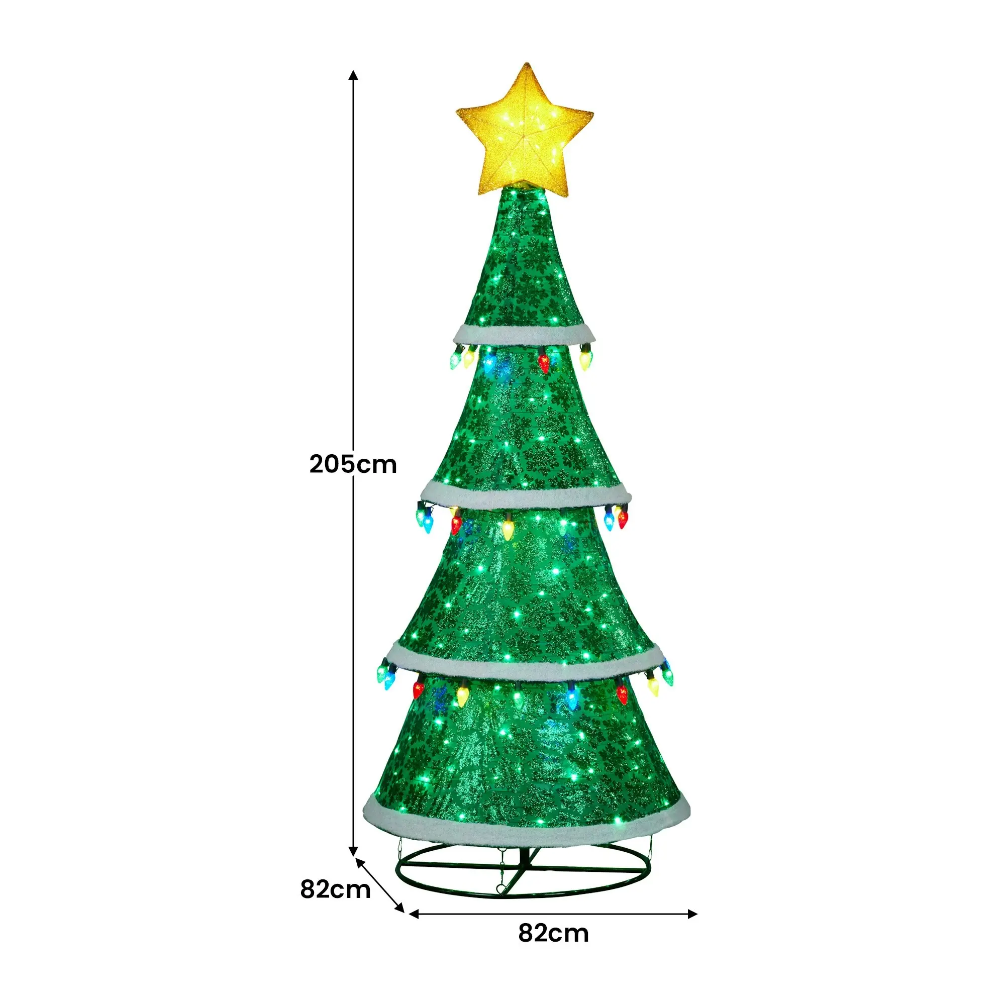 205cm Indoor/Outdoor Festive Tiered Light-Up Christmas Tree 66 Green LED Lights Colour Bulbs