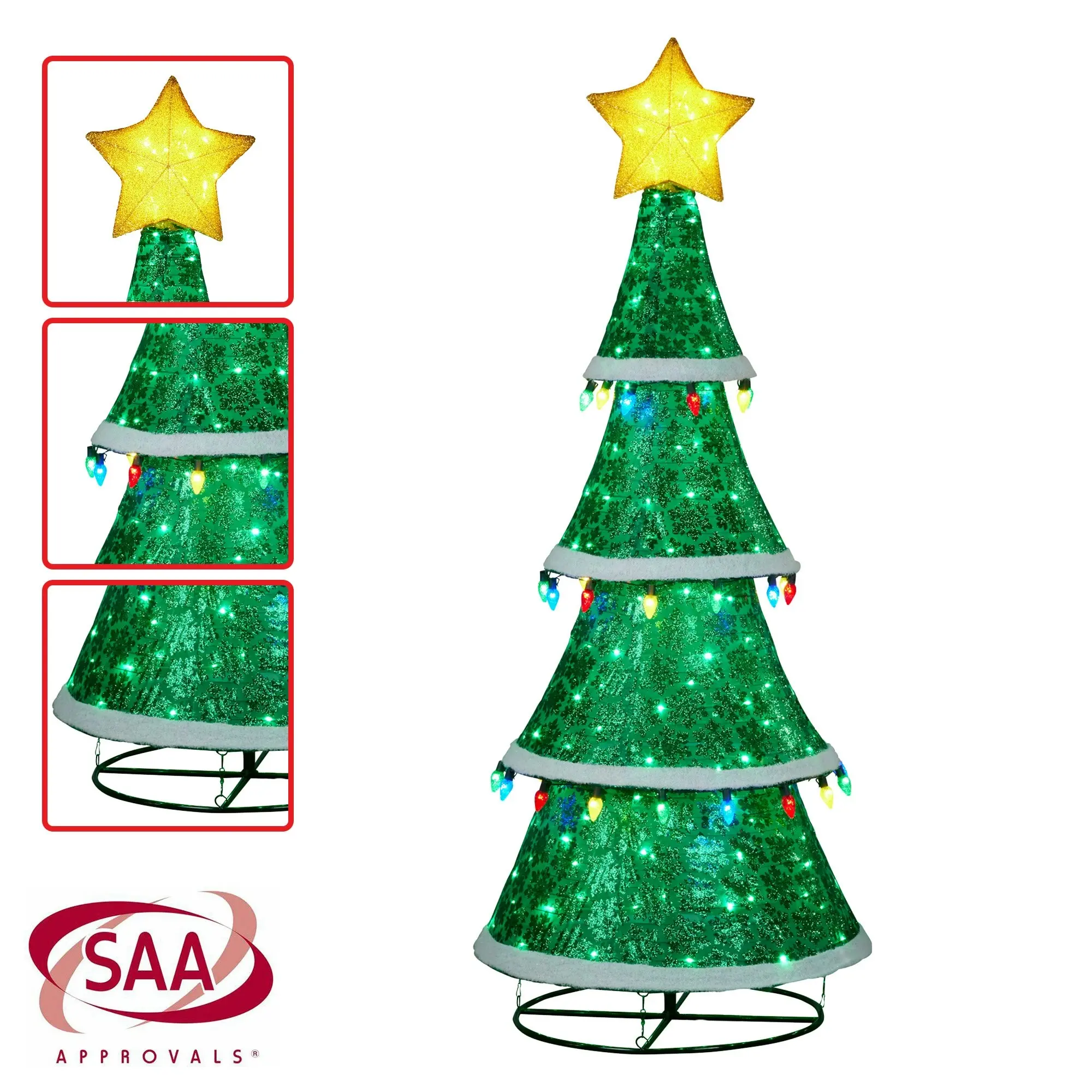 205cm Indoor/Outdoor Festive Tiered Light-Up Christmas Tree 66 Green LED Lights Colour Bulbs