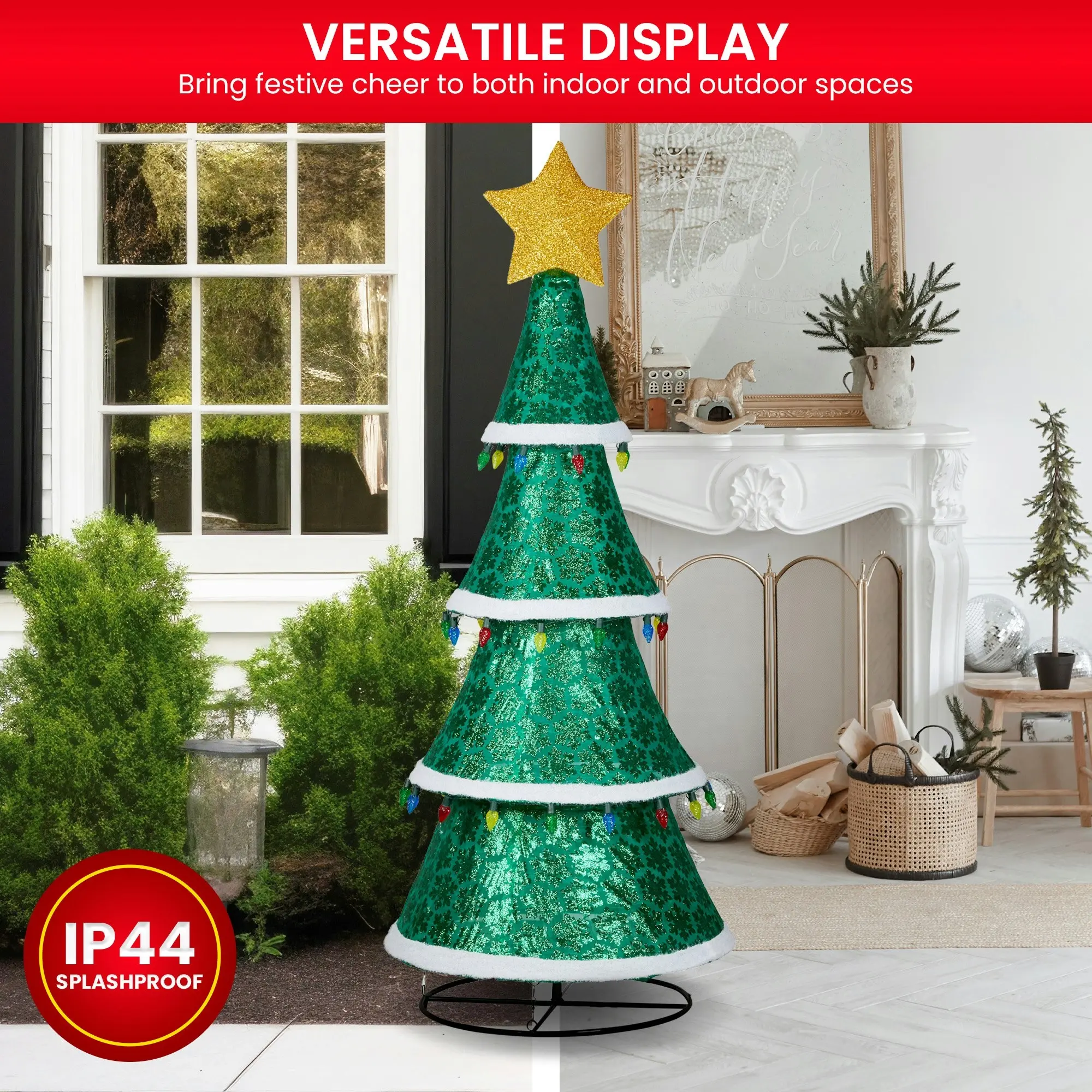 205cm Indoor/Outdoor Festive Tiered Light-Up Christmas Tree 66 Green LED Lights Colour Bulbs